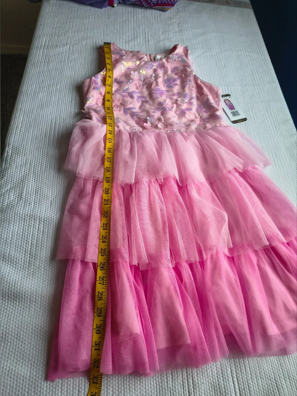 Pink Sequined Floral Tiered Tulle Dress Size XL.